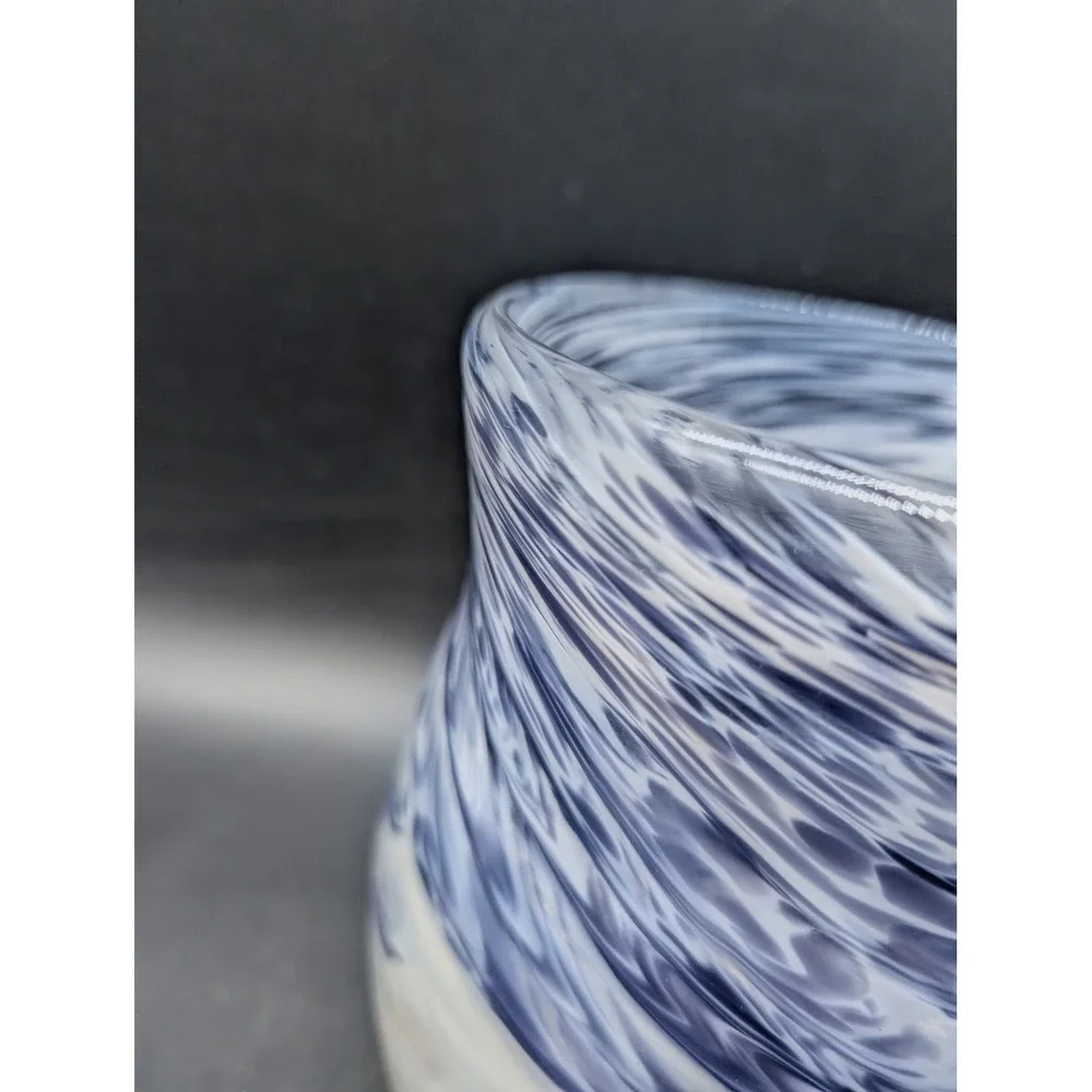 Hand Blown Art Glass Vase Navy Blue White Swirl Marbled Coastal Contemporary